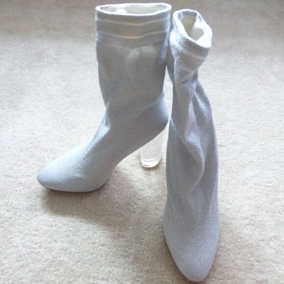 ALDO shimmery silver & white pull on sock mid-ankle boots with "Love" print - Picture 1 of 9